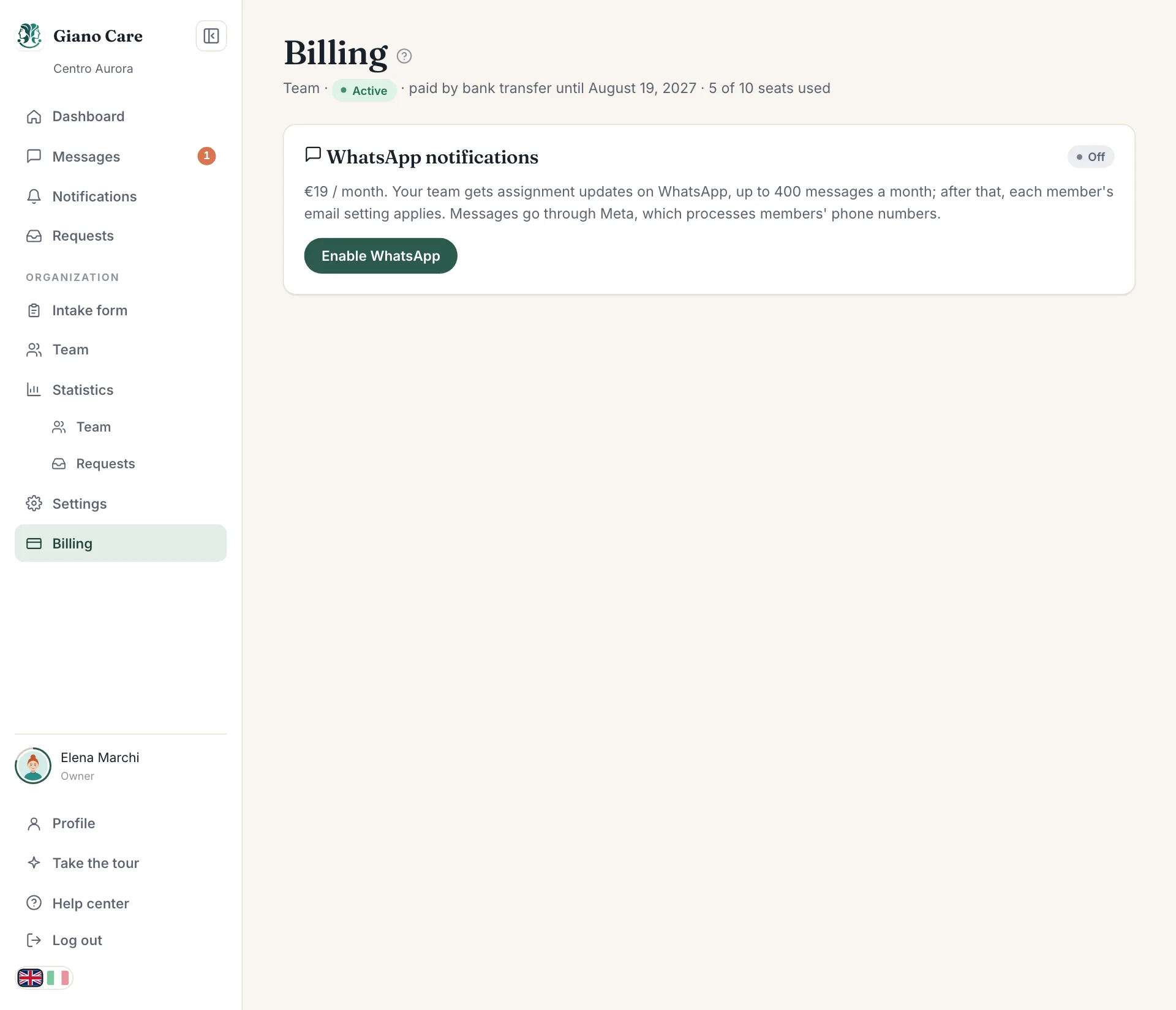 The billing page