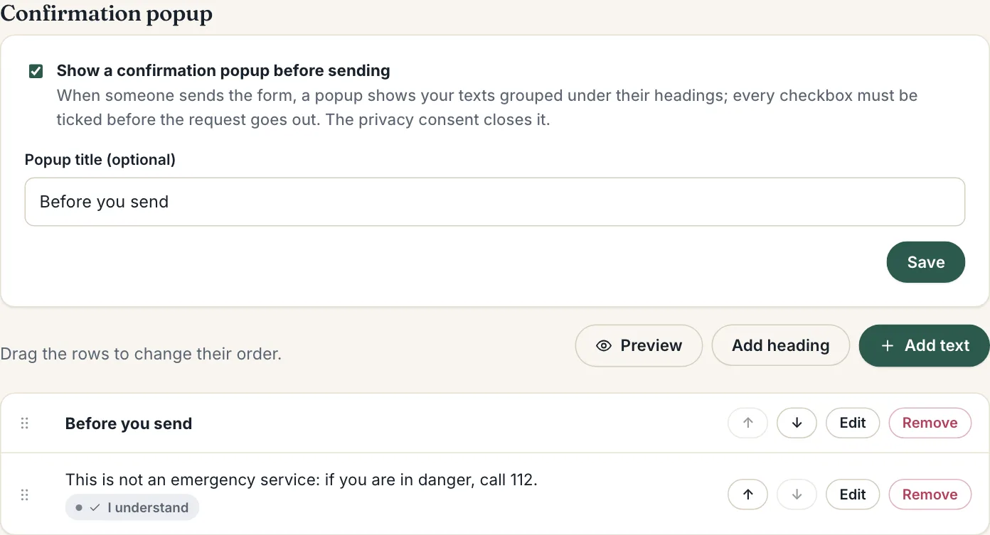 The confirmation popup settings