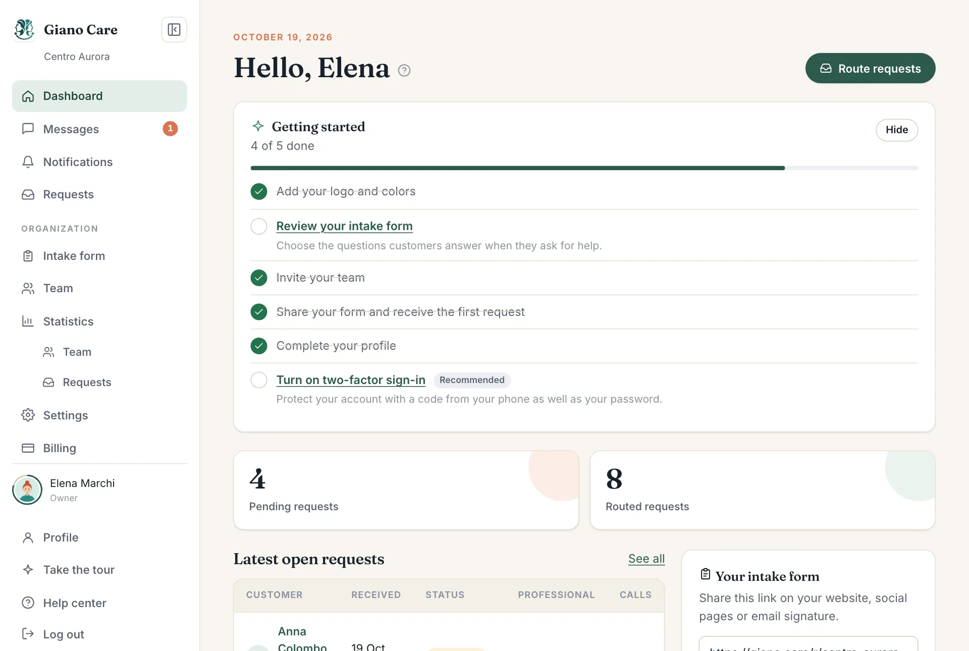 The owner's dashboard with the Getting started card