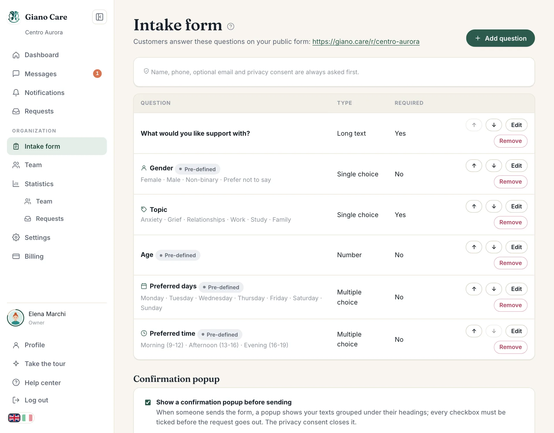 The intake form editor