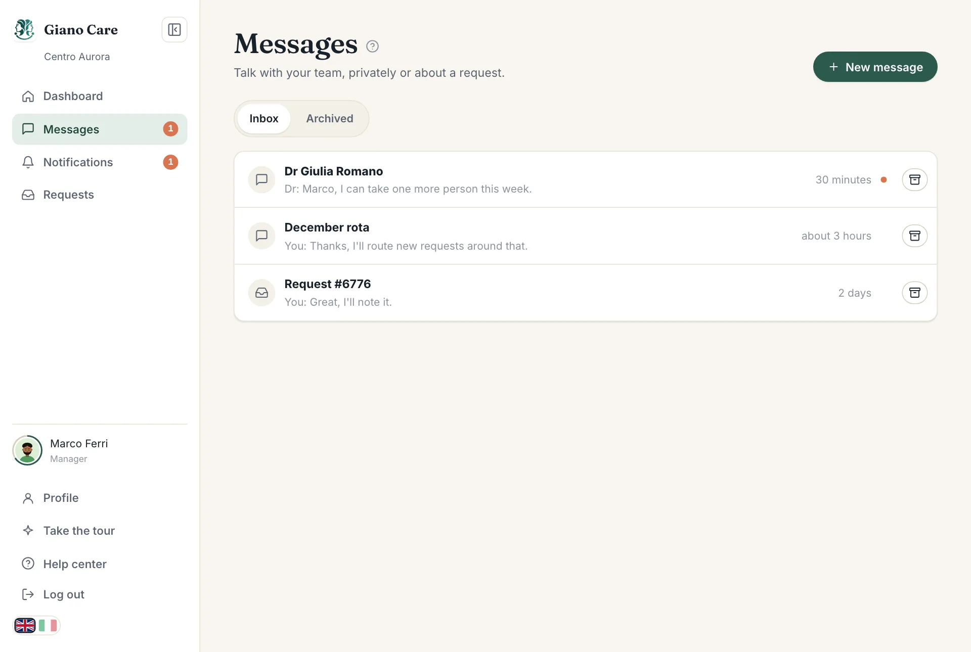The messages inbox