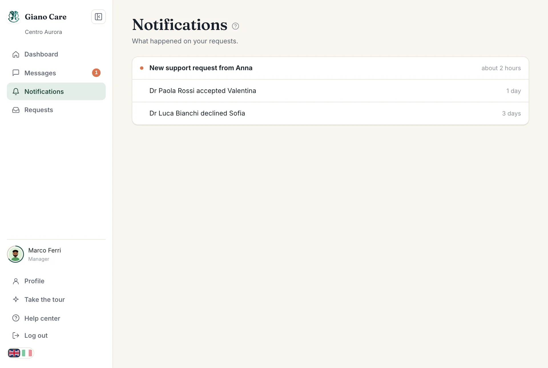 The notifications list