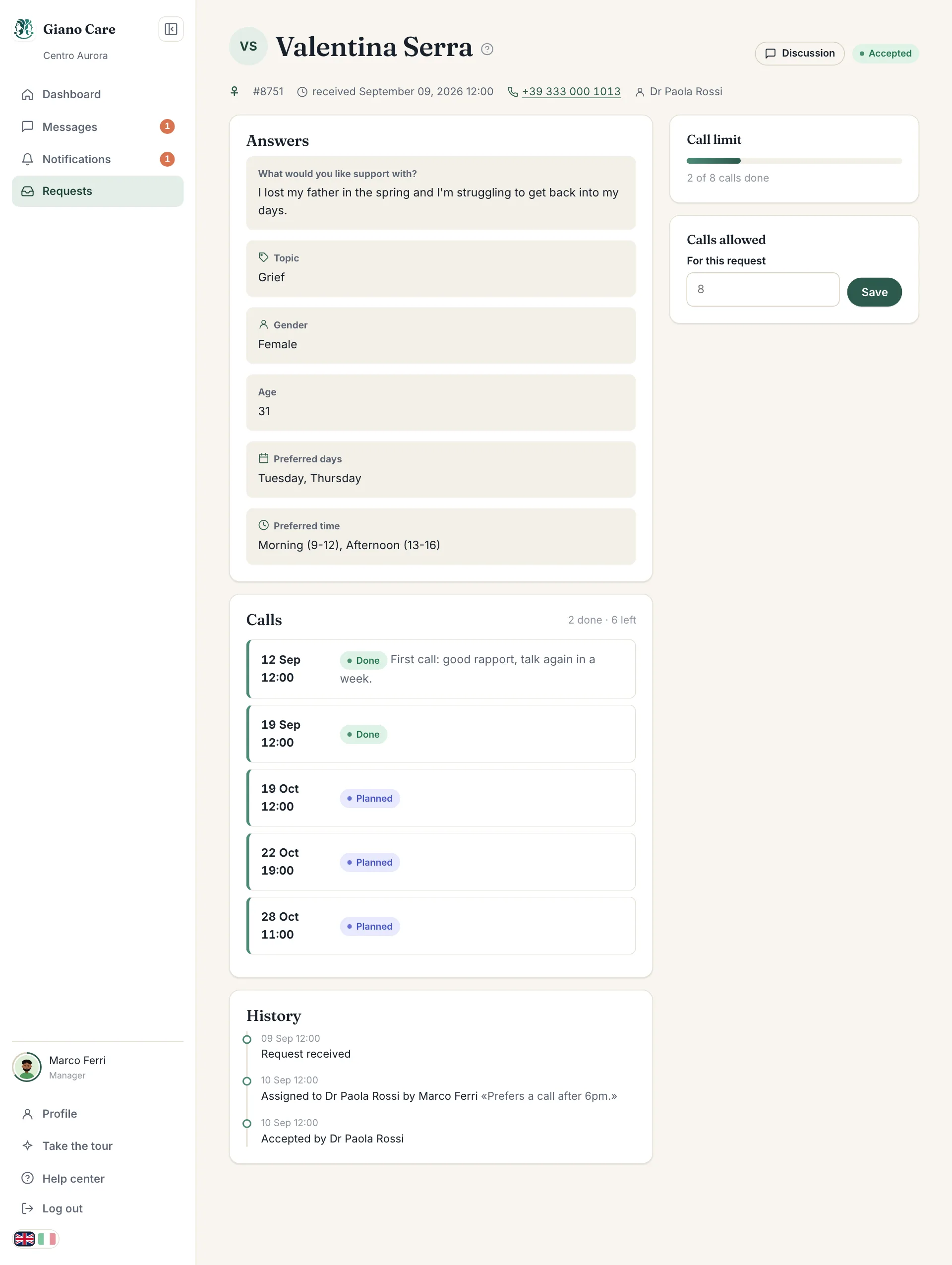 An accepted request with its history