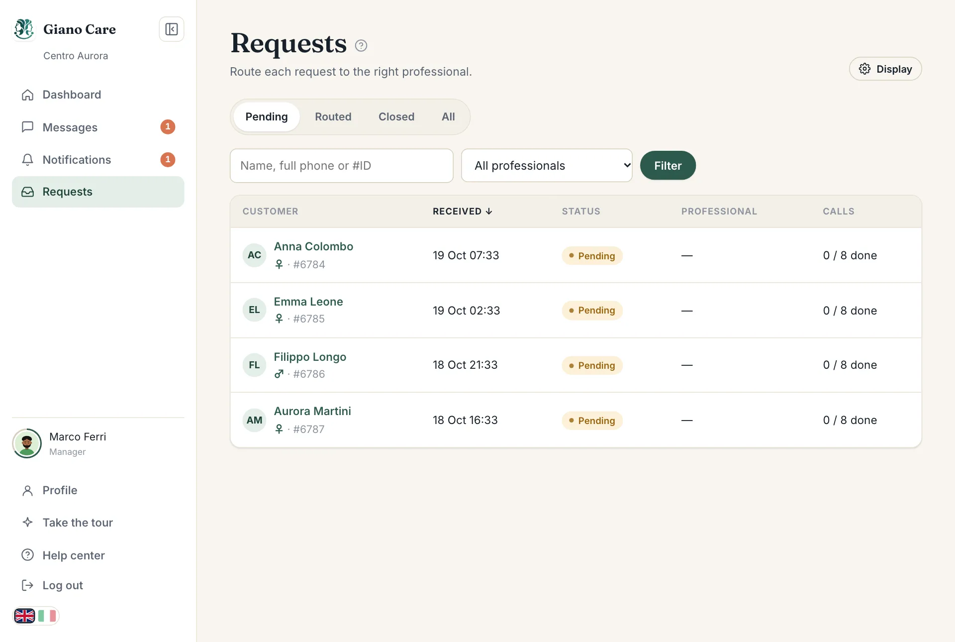 The requests list, Pending tab