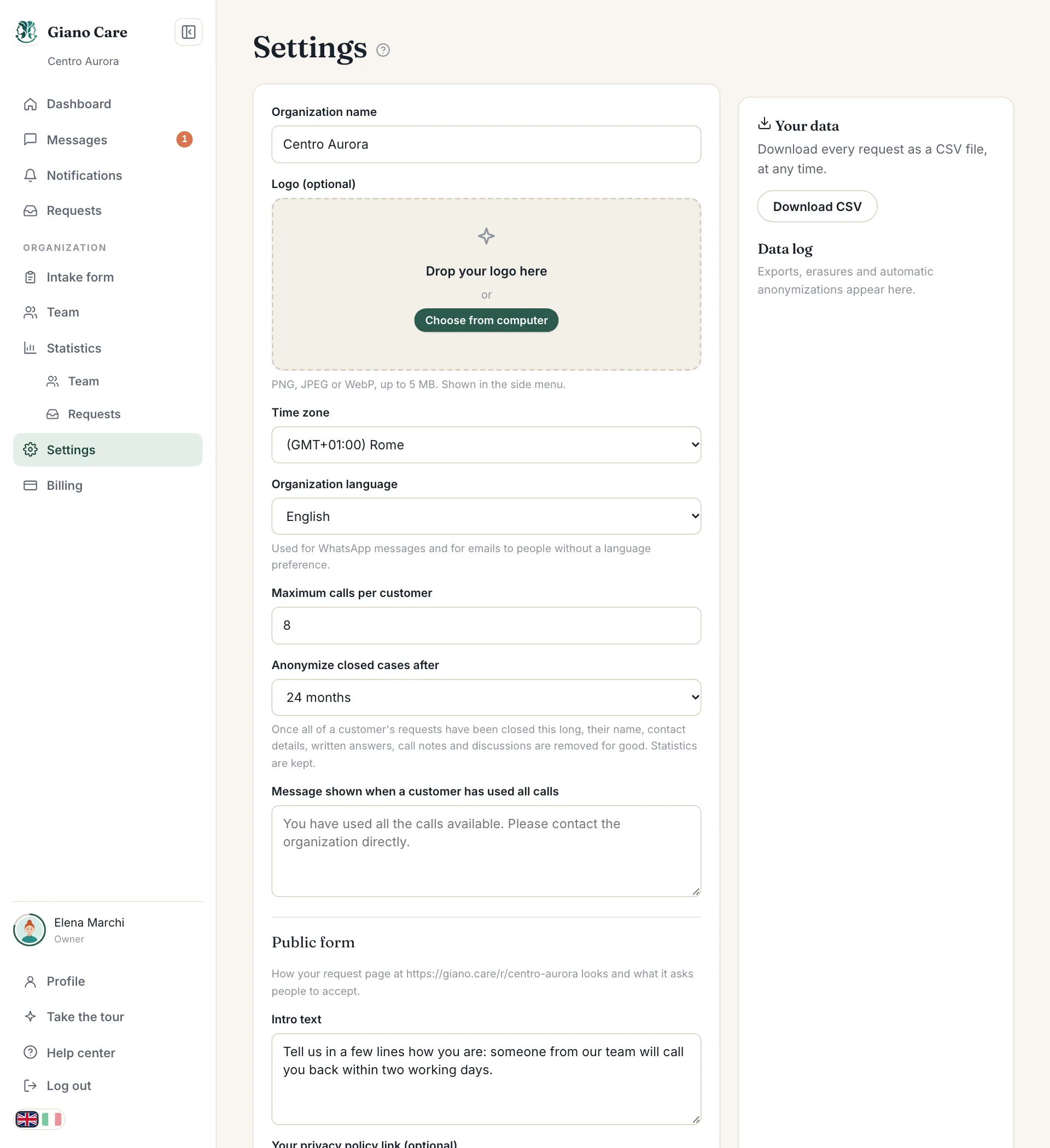 The settings page