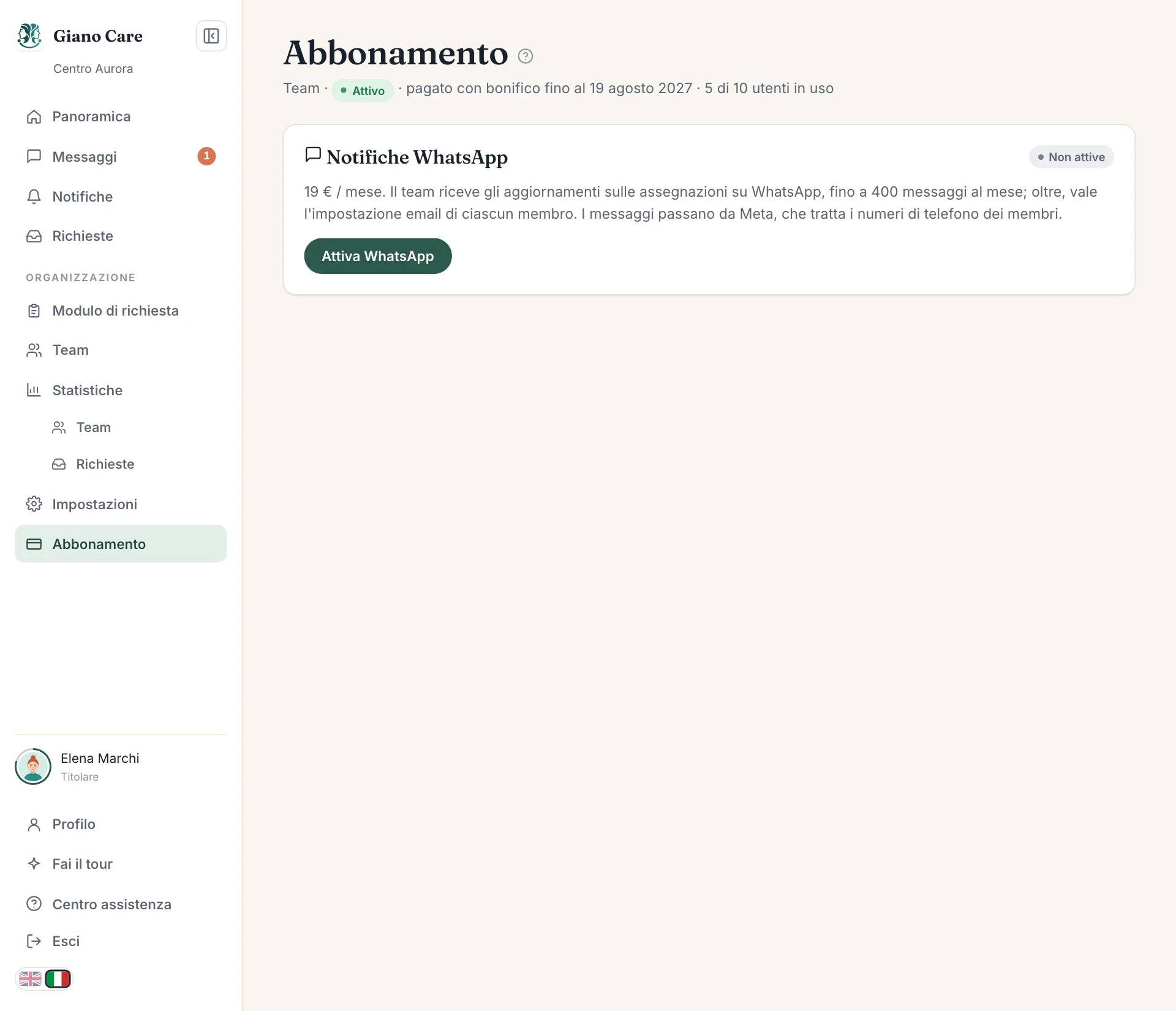 La pagina dell'abbonamento