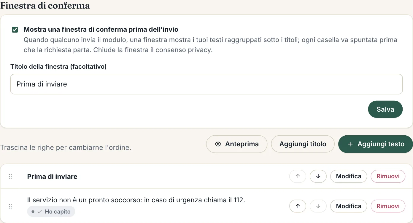 Le impostazioni della finestra di conferma