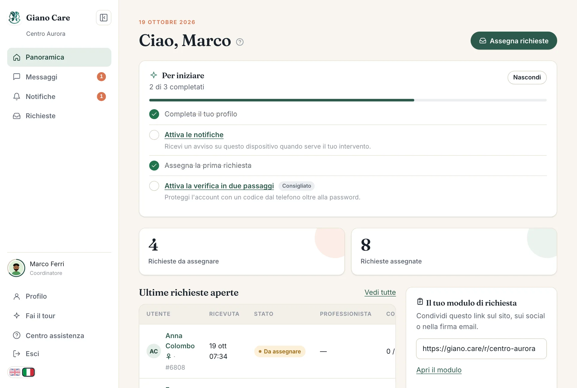 La panoramica di un coordinatore