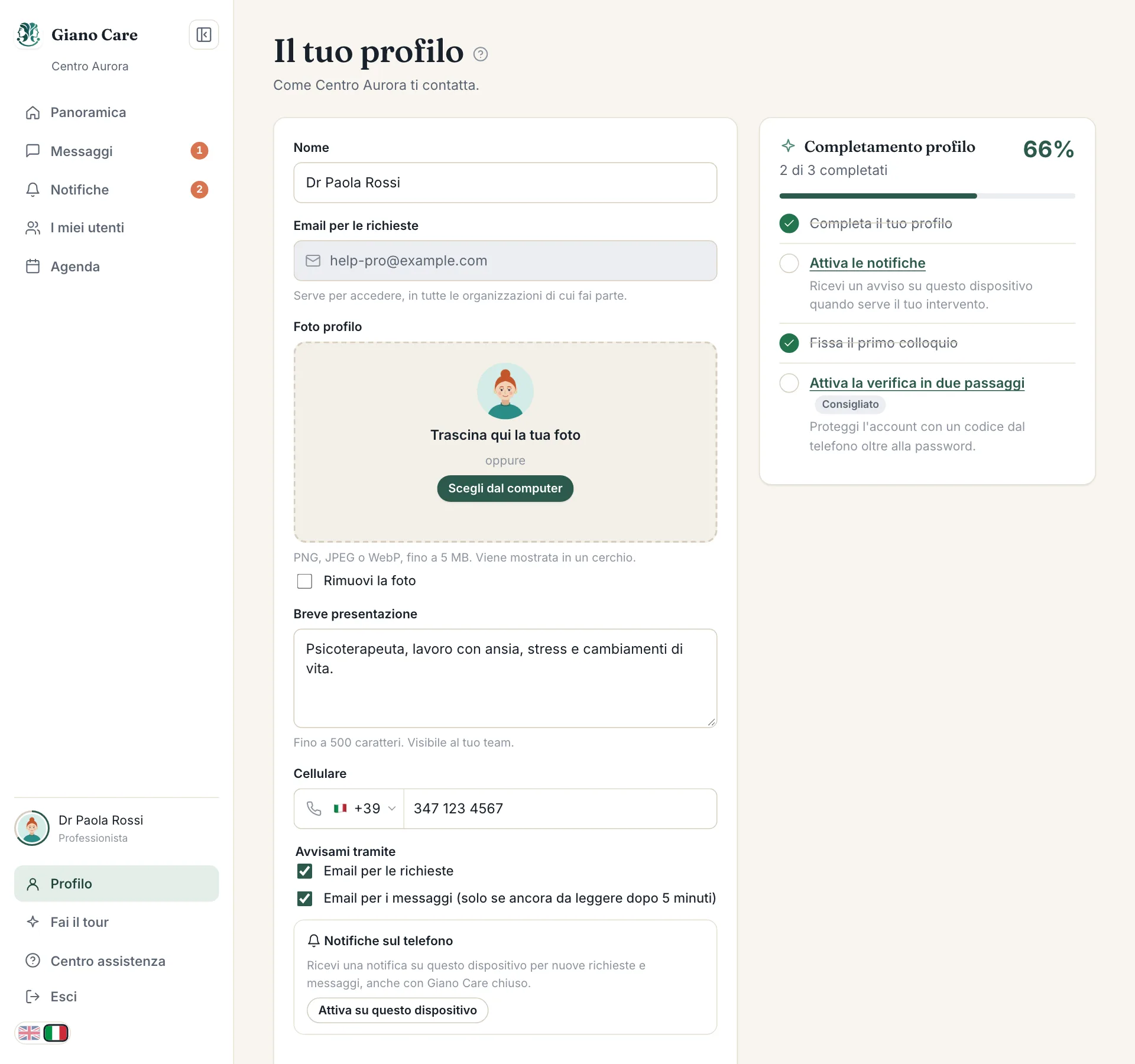 La pagina del profilo