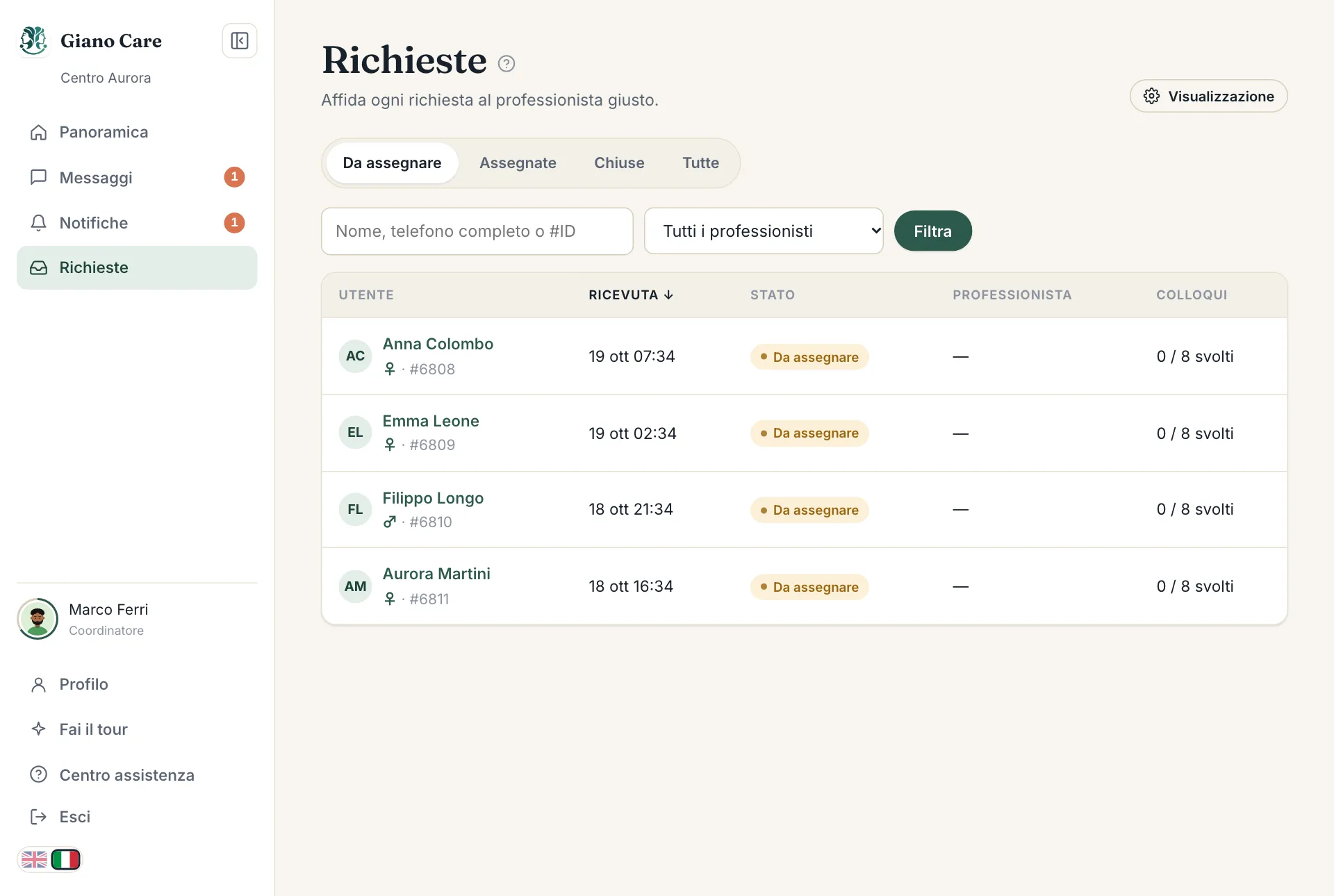L'elenco delle richieste, scheda Da assegnare