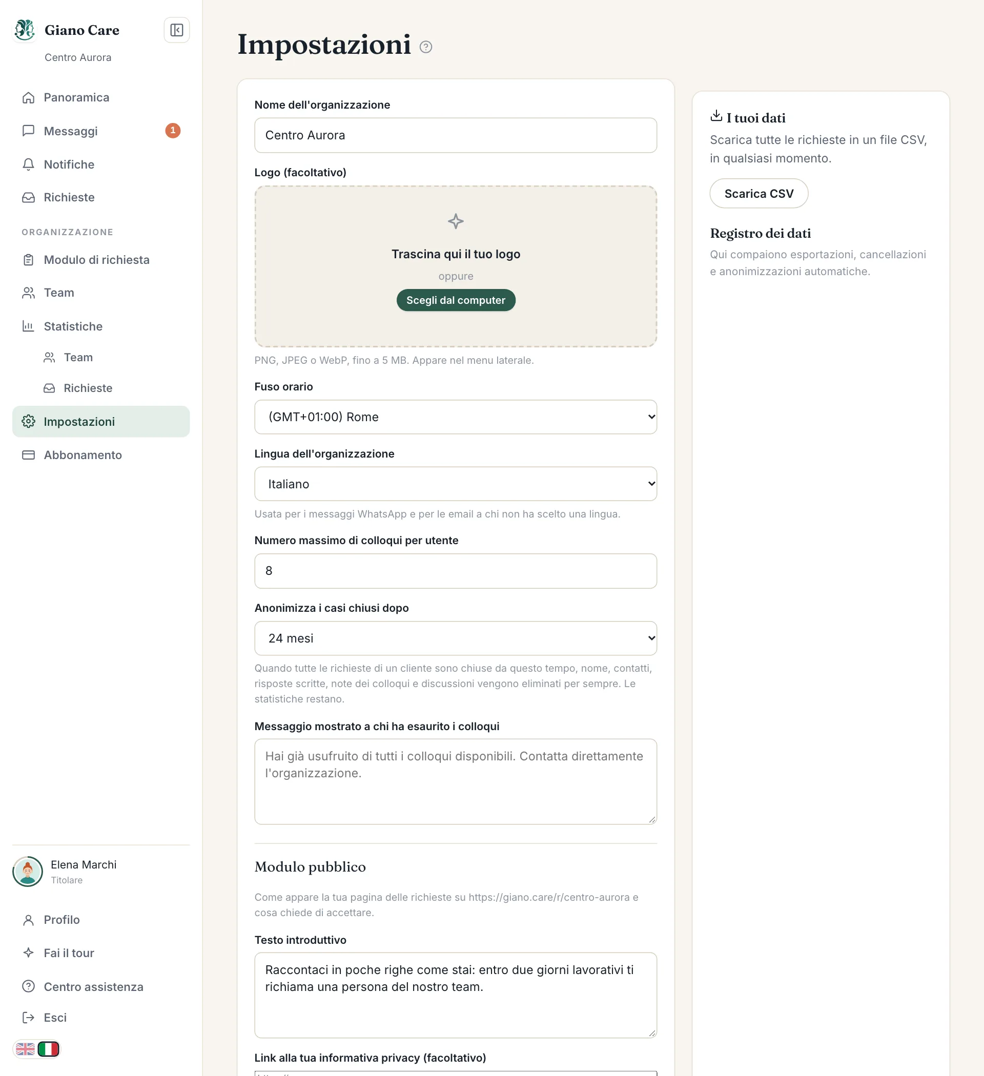 La pagina delle impostazioni