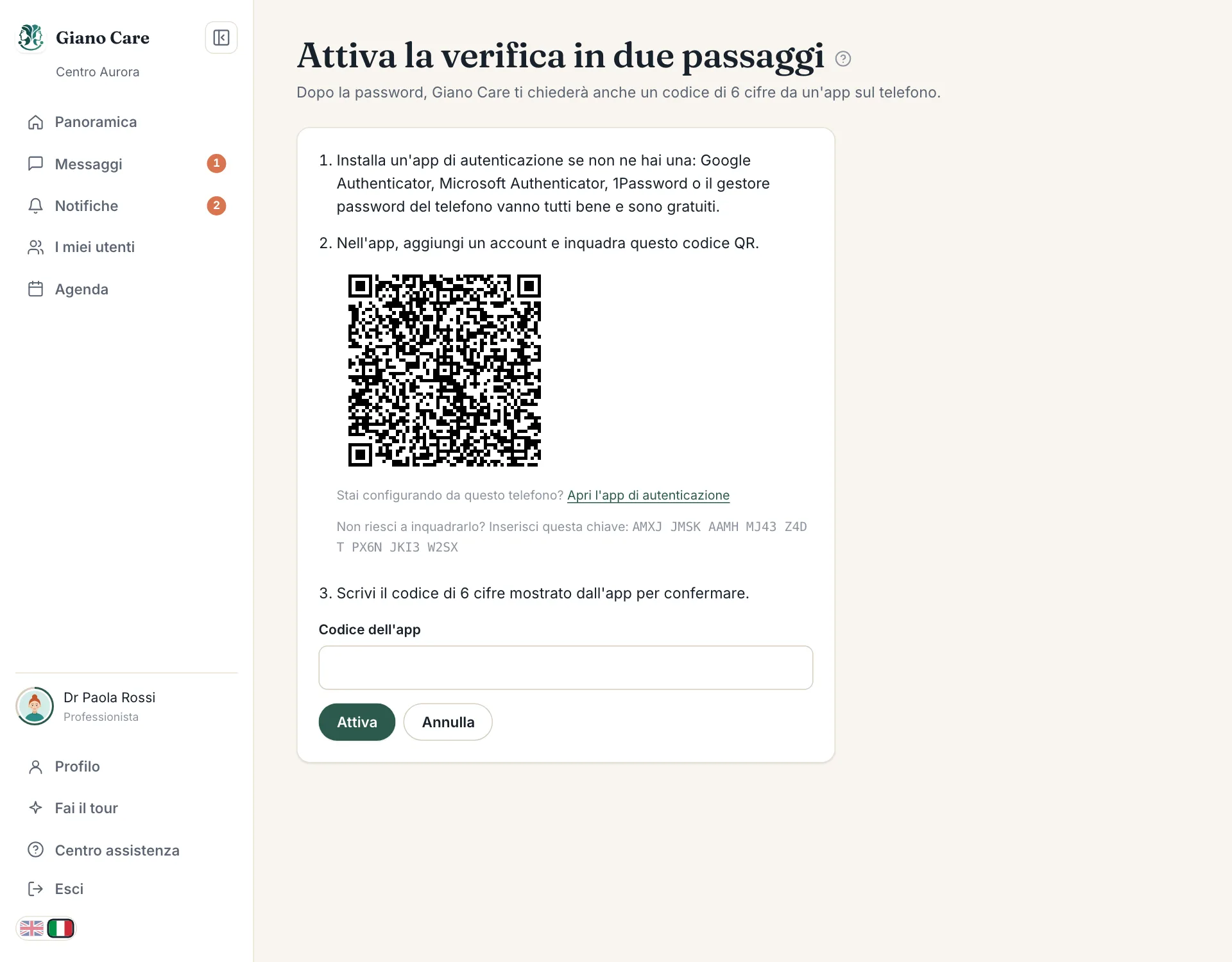Configurare la verifica in due passaggi